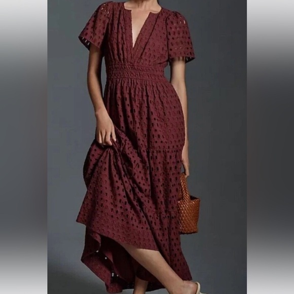 Anthropologie Somerset Maxi Dress Eyelet Edition Tiered Chocolate BROWN L - Picture 3 of 12